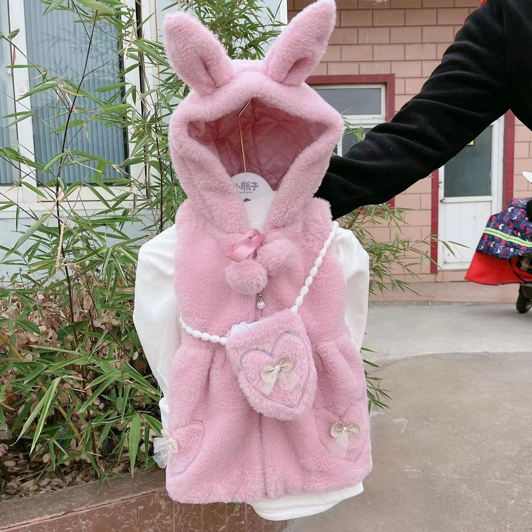马甲背心女春季连帽毛绒甜美卡通常规毛毛