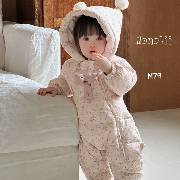 婴儿羽绒服连体衣森系碎花双毛球帽子公主哈衣白鸭绒羽绒服2479