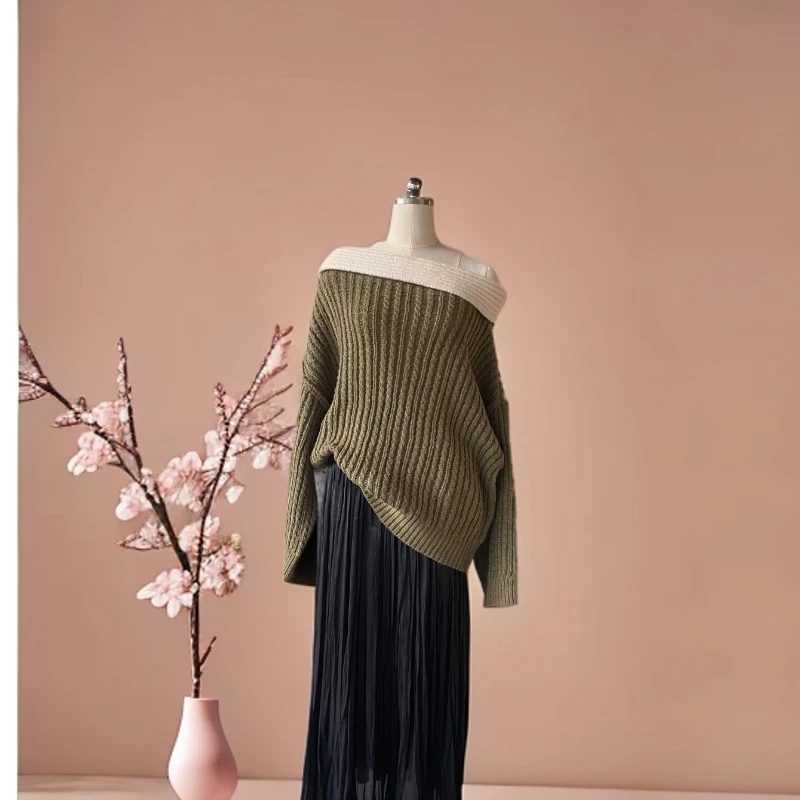 3针慵懒风一字领长袖针织衫春秋网红时尚休闲百搭秋冬