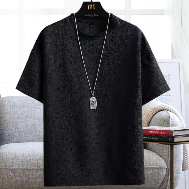 冰丝薄款短袖T恤男士纯色宽松大码透气圆领休闲百搭韩版体恤夏季