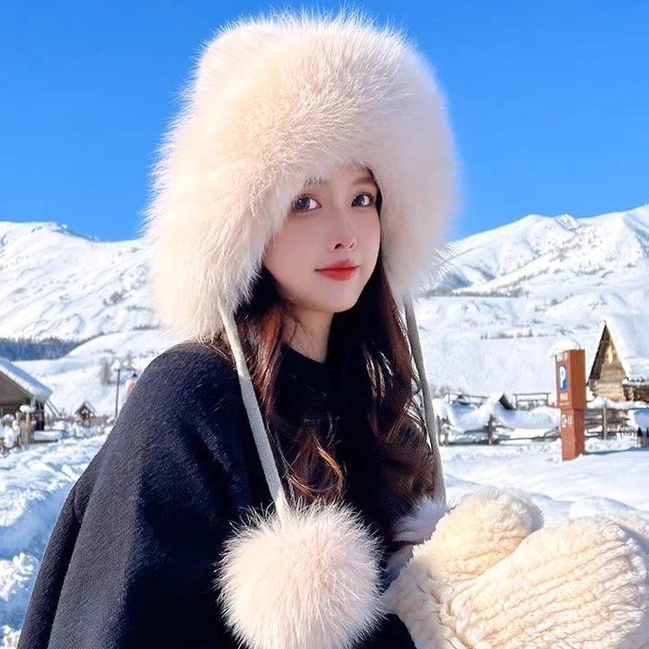 雪乡哈尔滨女秋冬真狐狸毛雷锋帽 东北户外加绒针织护耳帽
