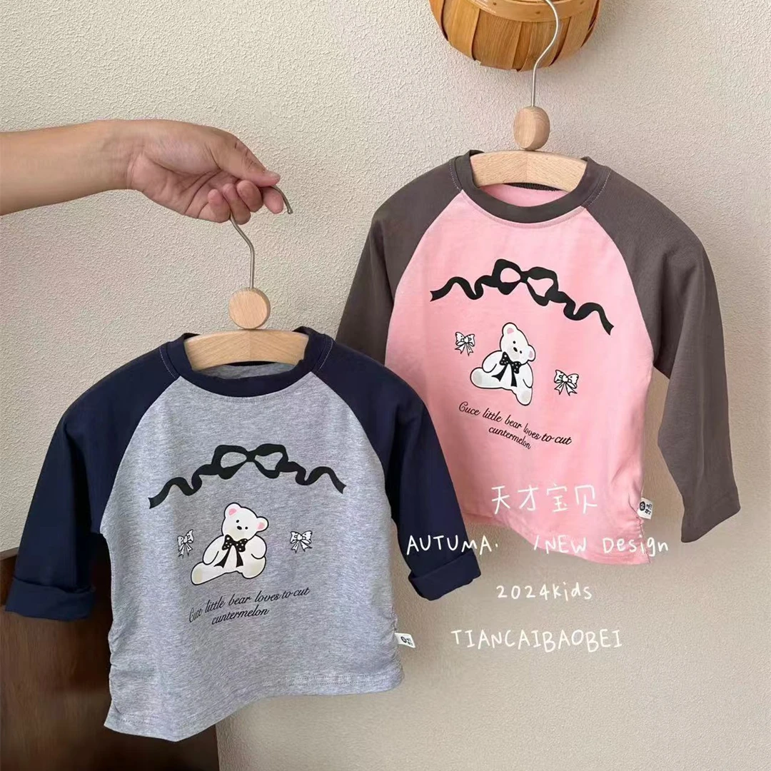 女童长袖T恤秋装新款女宝宝可爱小熊拼色上衣洋气休闲打底衫印花