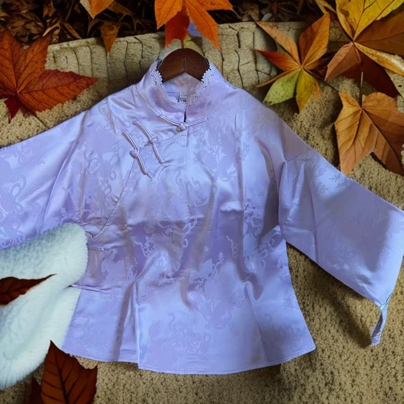 原色家蕾丝花立领小衬衫斜襟款 桑蚕丝手工盘口提花