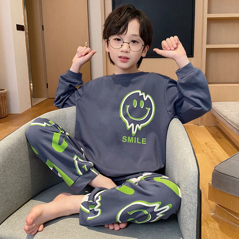 100%纯棉男童睡衣春秋夏青少年卡通长袖初中生大童家居服全棉套装