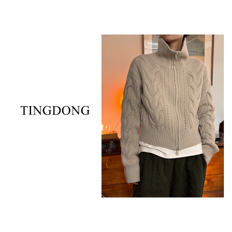 麻灰翻领针织羊毛开衫