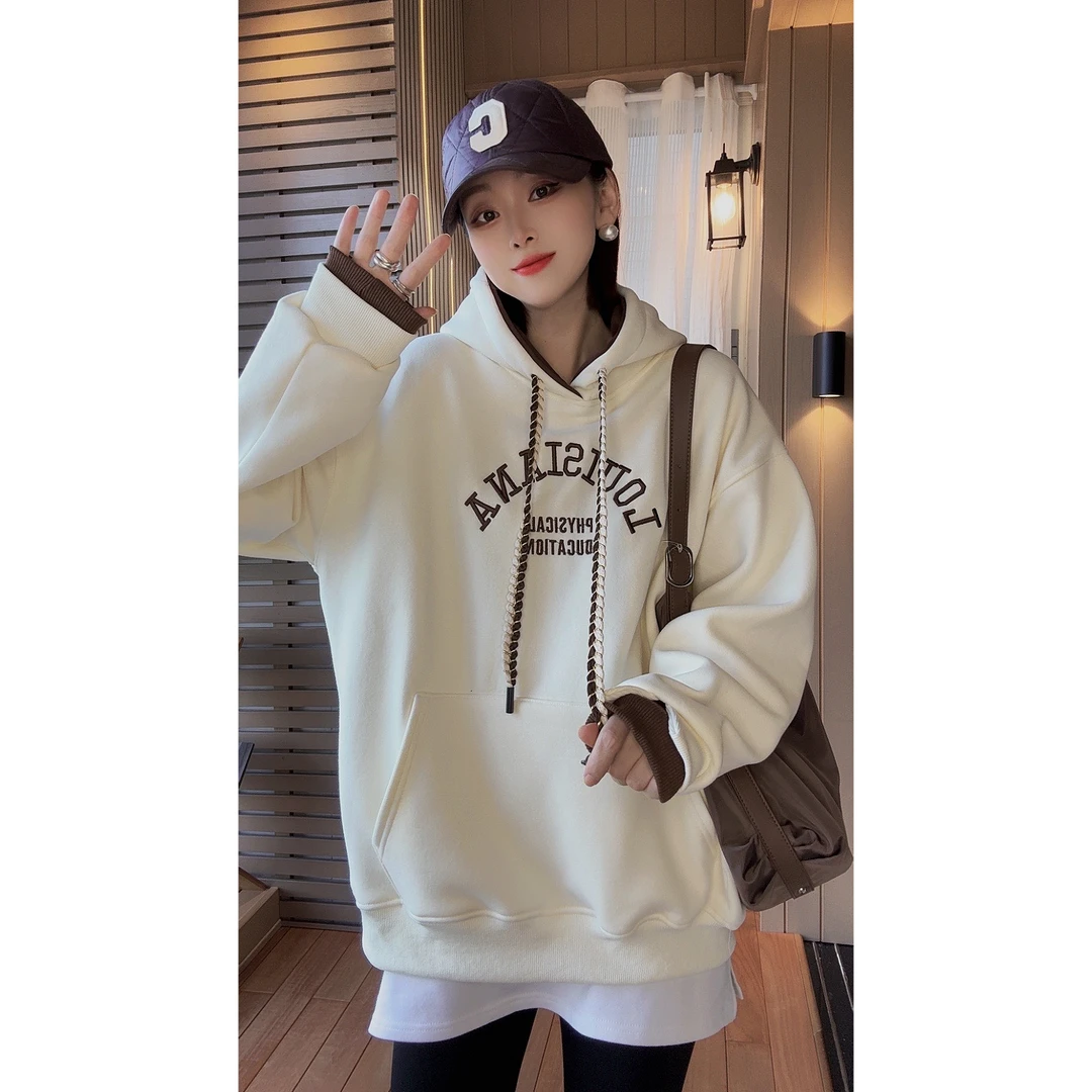 【郑哆哆专属】加绒加厚连帽宽松套头刺绣卫衣2024秋冬撞色卫衣1048