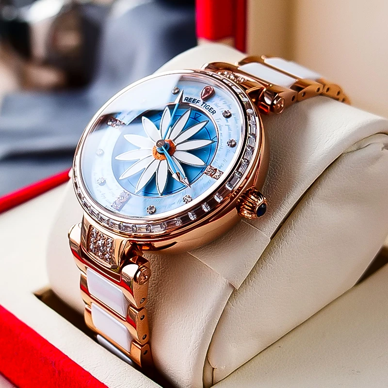 欧宝罗联名瑞夫泰格品牌女腕表花瓣手表机械表防水陶瓷表带十大
