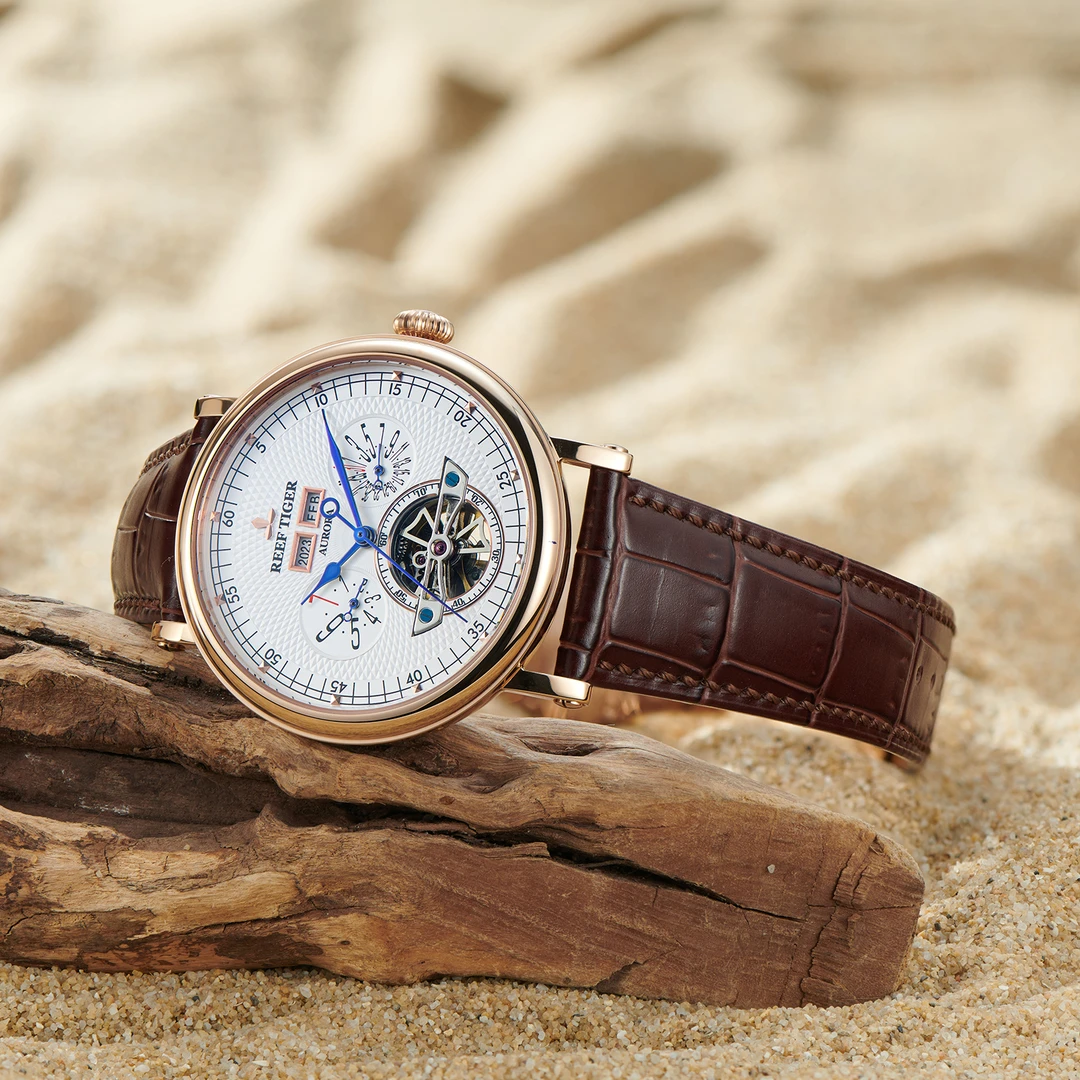休闲手表男机械表防水飞轮男士手表 玫金黑面黑皮带