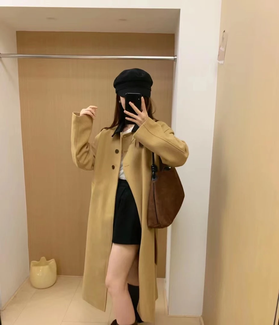 秋冬中长款外套连衣裙毛衣打底针织衫气质无领大衣卡其色大衣