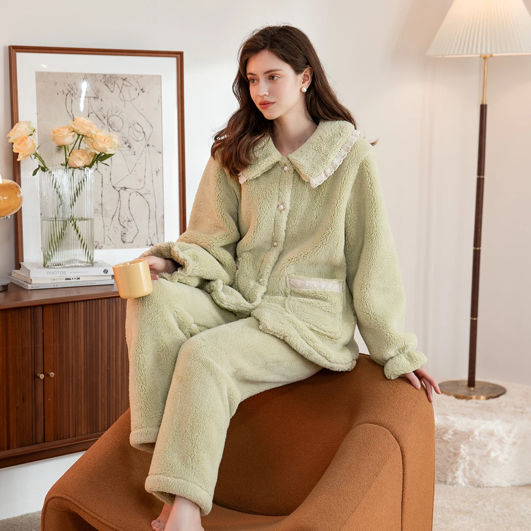 芬腾小香风暖绒秋冬翻领开衫长袖双面加厚家居服女士睡衣女套装