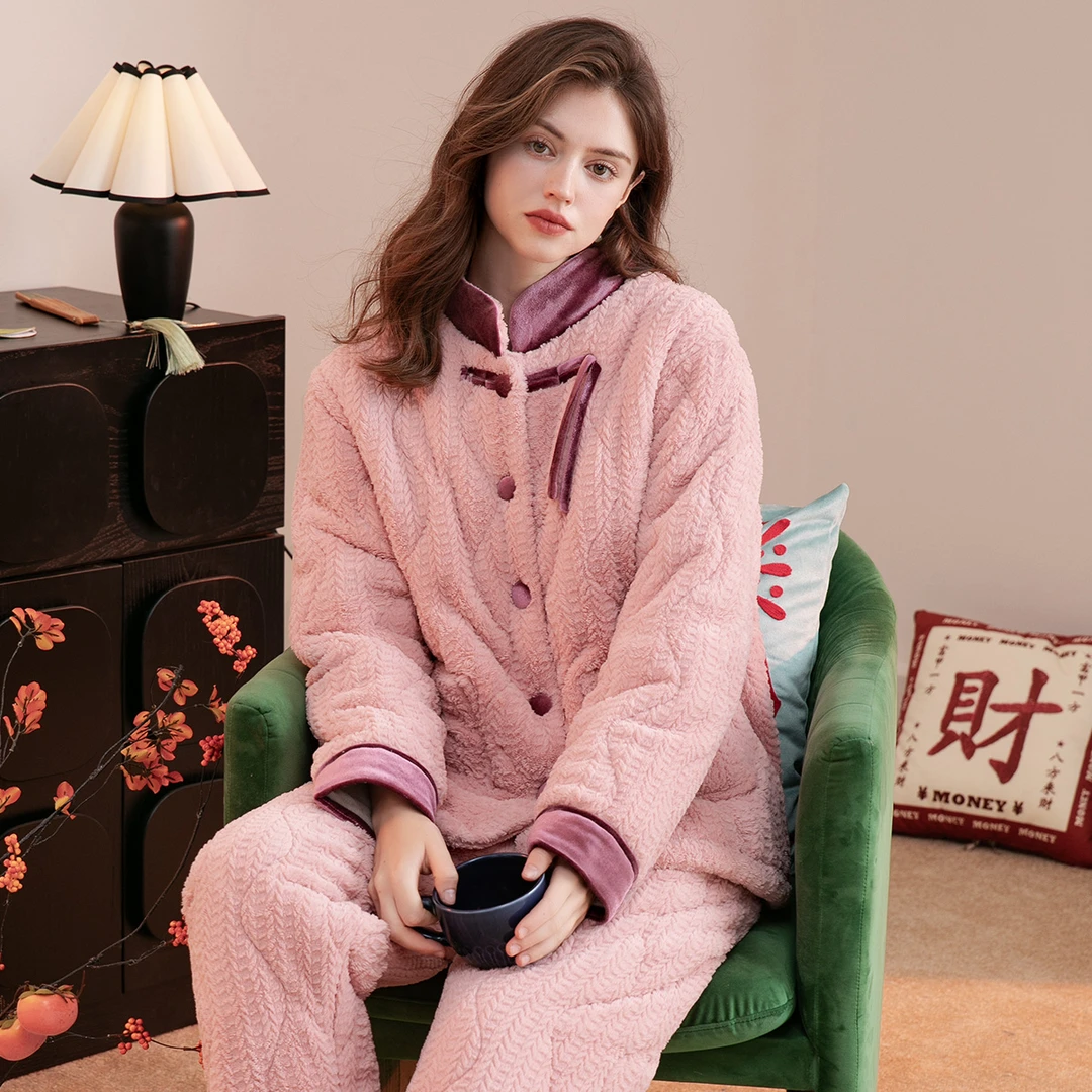 芬腾【加厚夹棉】秋冬温暖立领国风盘扣优雅长袖家居服套装女睡衣