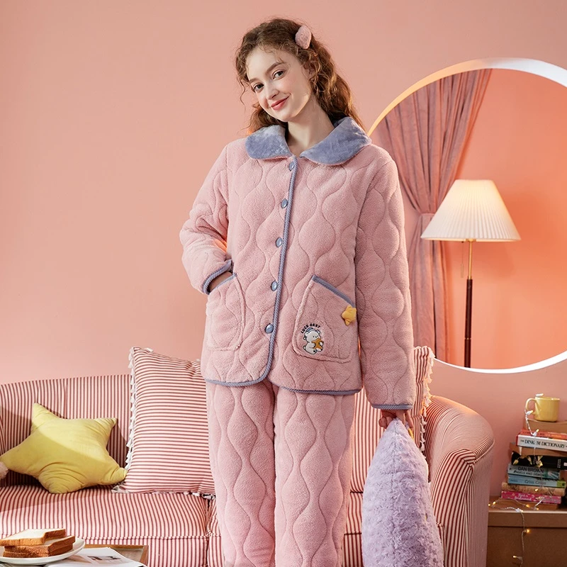 芬腾【三层夹棉】秋冬暖绒翻领星星小熊保暖长袖家居服套装女睡衣