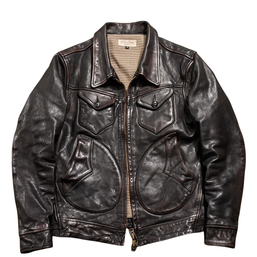 美式复古男装水洗转鼓擦色旧化头层茶芯马皮夹克短款门多萨皮衣