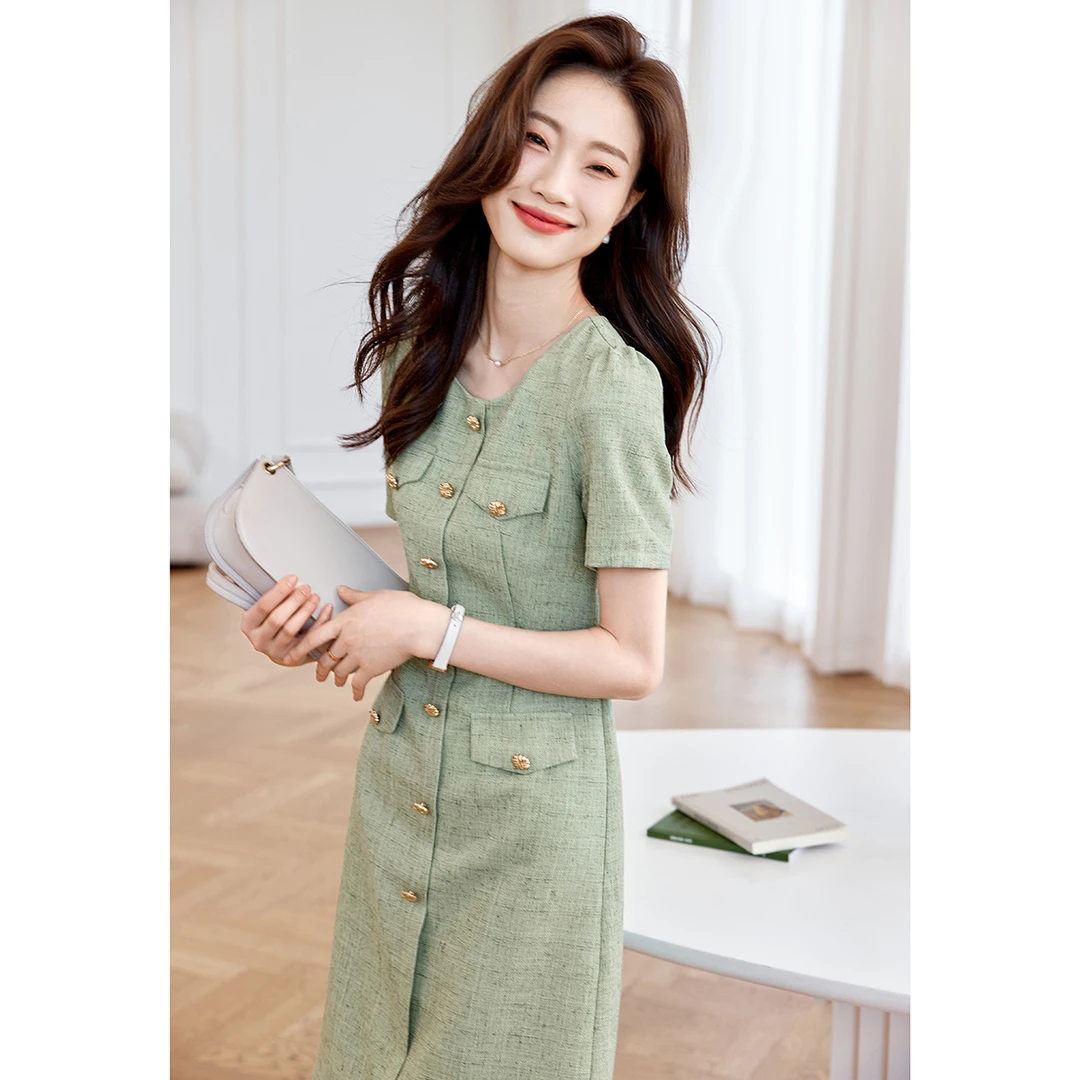 气质法式小香风裙子25夏季新款精致淑女百搭显瘦连衣裙