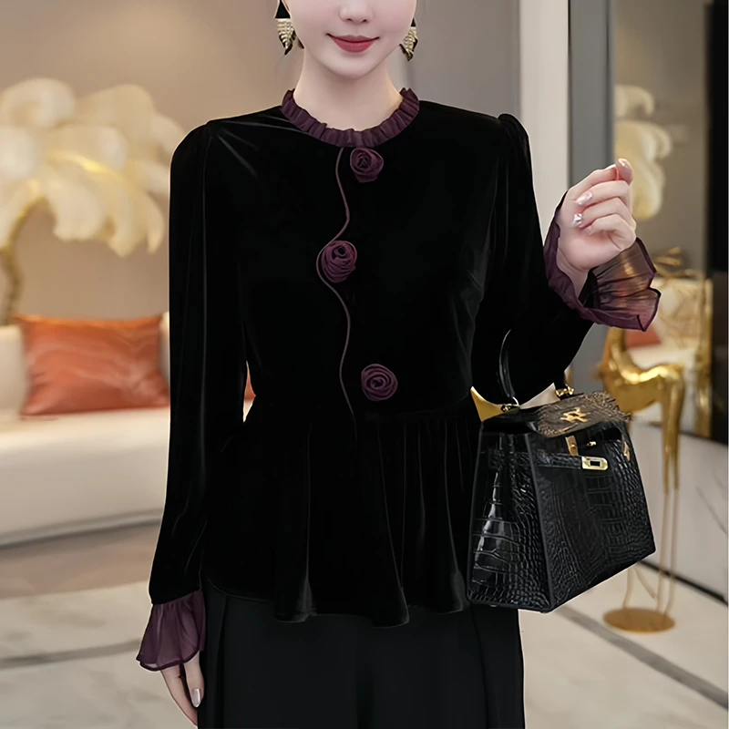 女士衬衫2024秋冬新款时尚减龄阔太太洋气高贵黑色内搭打底衫上衣