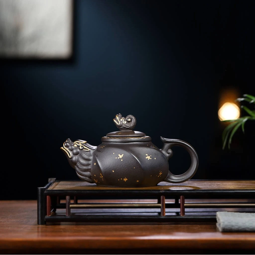 宜兴紫砂壶 原矿玄铁石黄料 龙头老大 450毫升手制大容量不挑茶JW