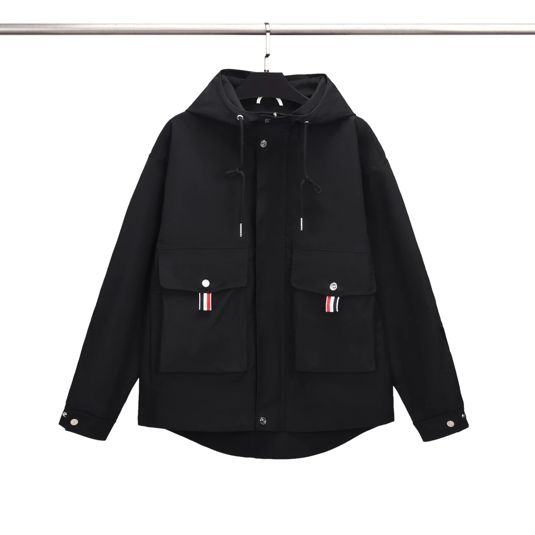 春秋新款连帽翻领条纹时尚潮流宽松男士长袖冲锋衣外套