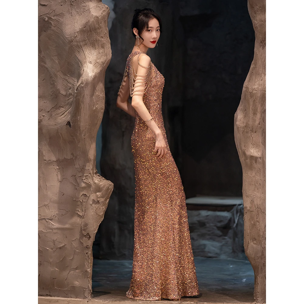 金色晚礼服高端轻奢小众宴会气质主持闪亮鱼尾裙高贵生日婚宴年轻