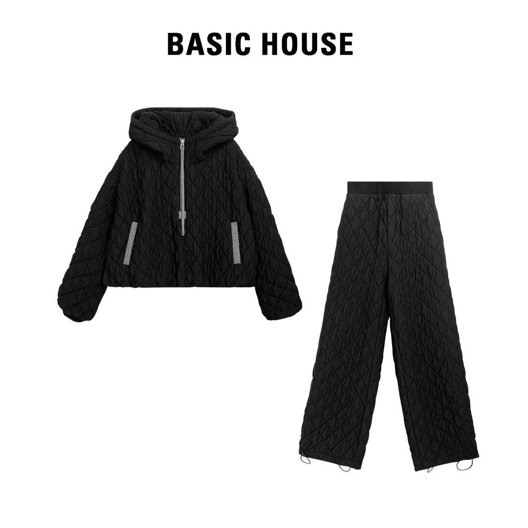 Basic House/百家好新款设计师休闲显瘦菱形格棉服套装613