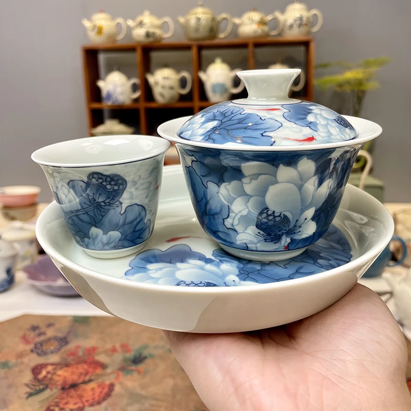 民厝青花荷花鱼陶瓷茶具套装青花盖碗岩茶盖碗高档三才盖碗壶承