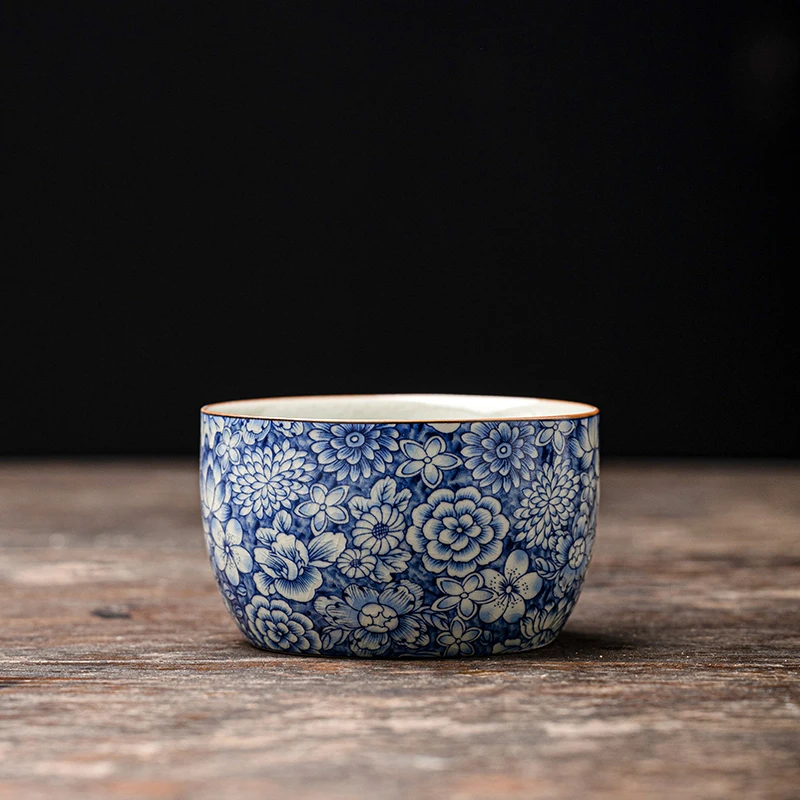 老陶泥手工青花茶杯个人专用主人杯陶瓷直边杯功夫茶具单杯品茗杯