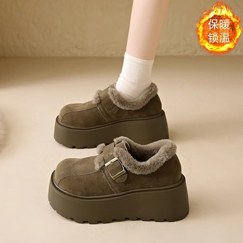 厚底增高勃肯鞋女2025冬季新款加厚百搭毛毛鞋小码34加绒博肯棉鞋