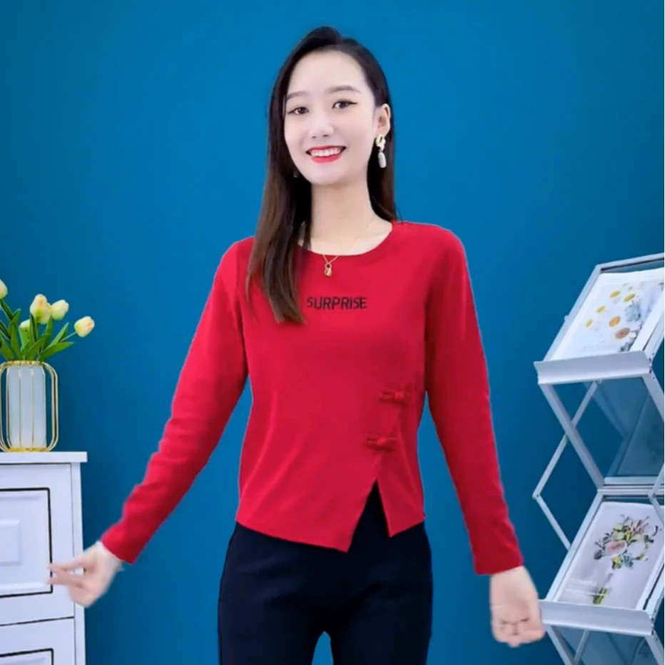 溪阑玥长袖女圆领显瘦气质洋气时尚百搭减龄修身休闲盘扣国风