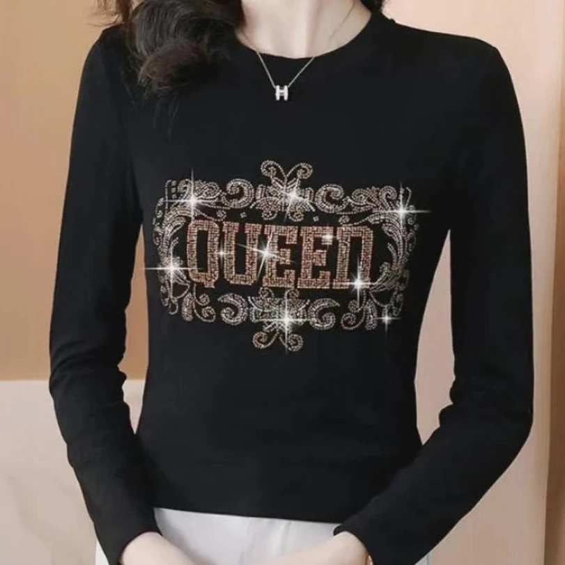 溪阑玥烫钻长袖打底衫女秋季女士黑色透气时尚潮流圆领宽松款百搭