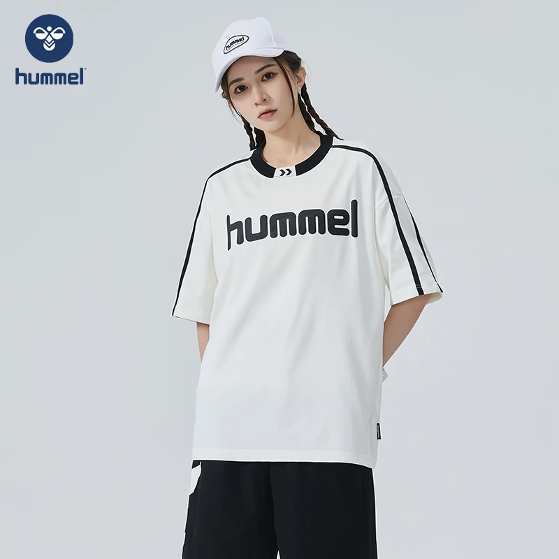 hummel经典LOGO印花短袖男女同款夏季宽松圆领情侣款上衣潮流休闲