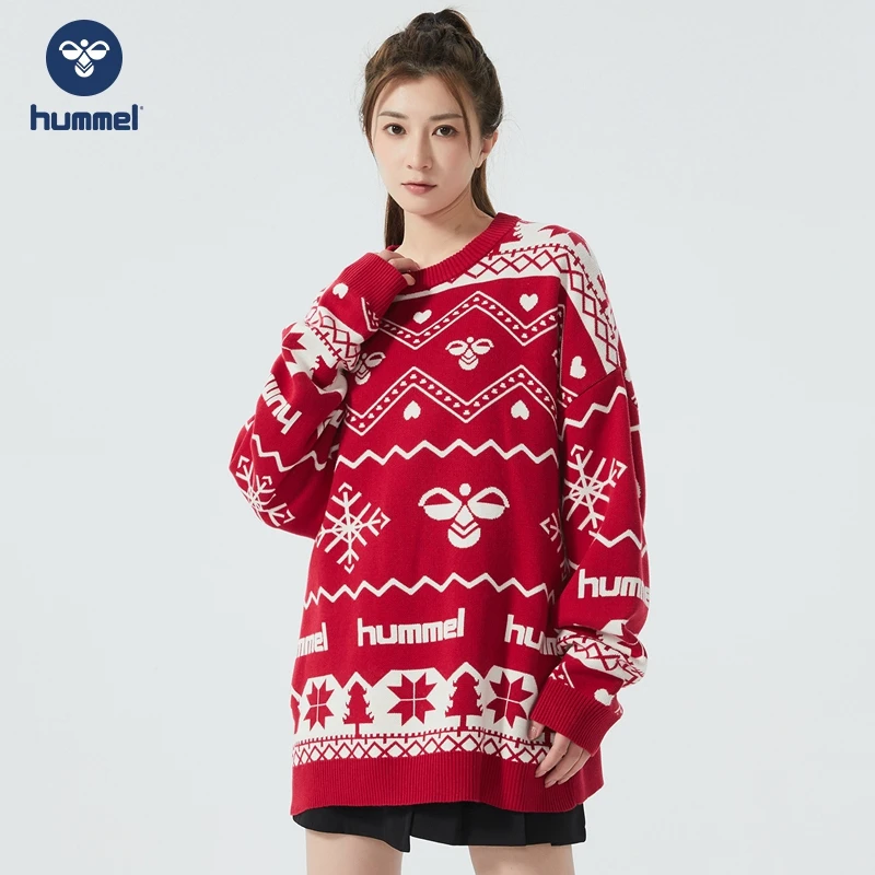 HUMMEL圣诞新年红色宽松圆领包芯提花毛衣男女同款秋冬高级感上衣