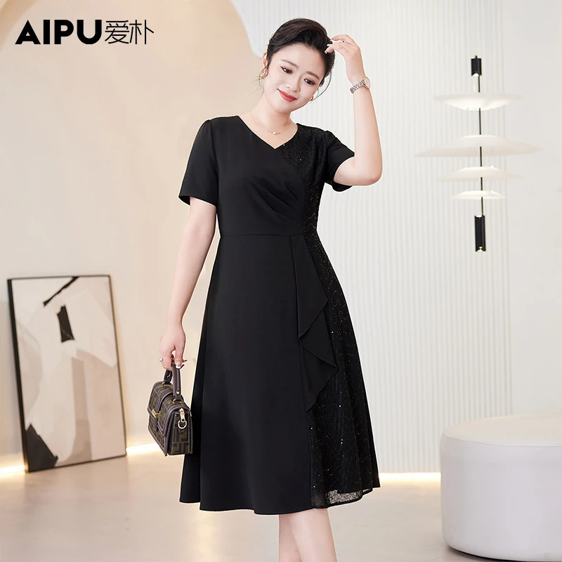 21080思雅大码女装2024夏季新款胖mm蕾丝拼接气质显瘦V领连衣裙