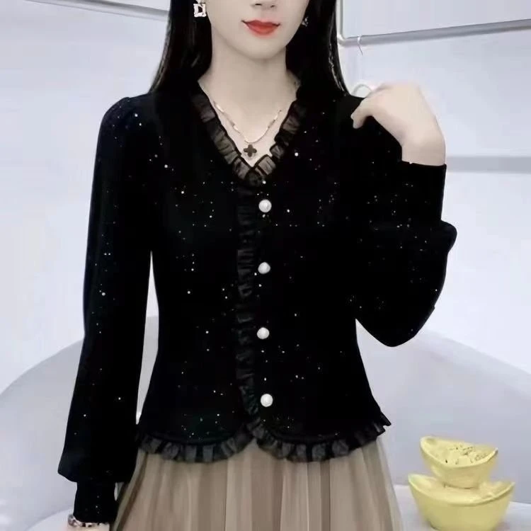 2025新款时尚长袖拼接修身荷叶气质小衫减龄显瘦洋气设计感上衣