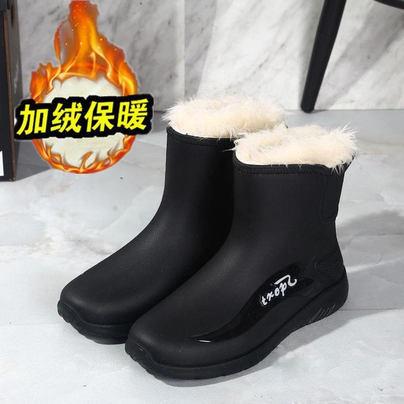 雨鞋男款时尚四季通用工地防水鞋厚底农田赶紧工作钓鱼加棉绒胶鞋