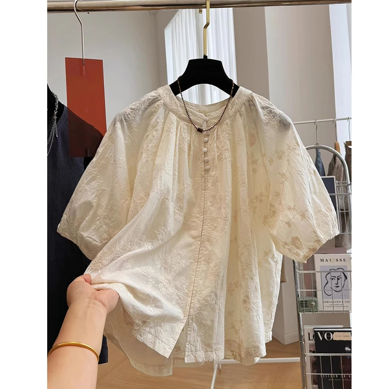 高级感新中式刺绣重工短袖衬衫上衣女夏季法式气质小众圆领衬衣潮