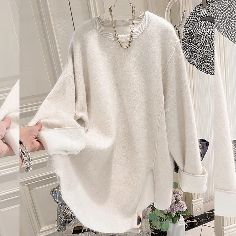 韩系秋冬新款圆领下摆开叉软糯毛衣女大版宽松慵懒风上衣保暖百搭