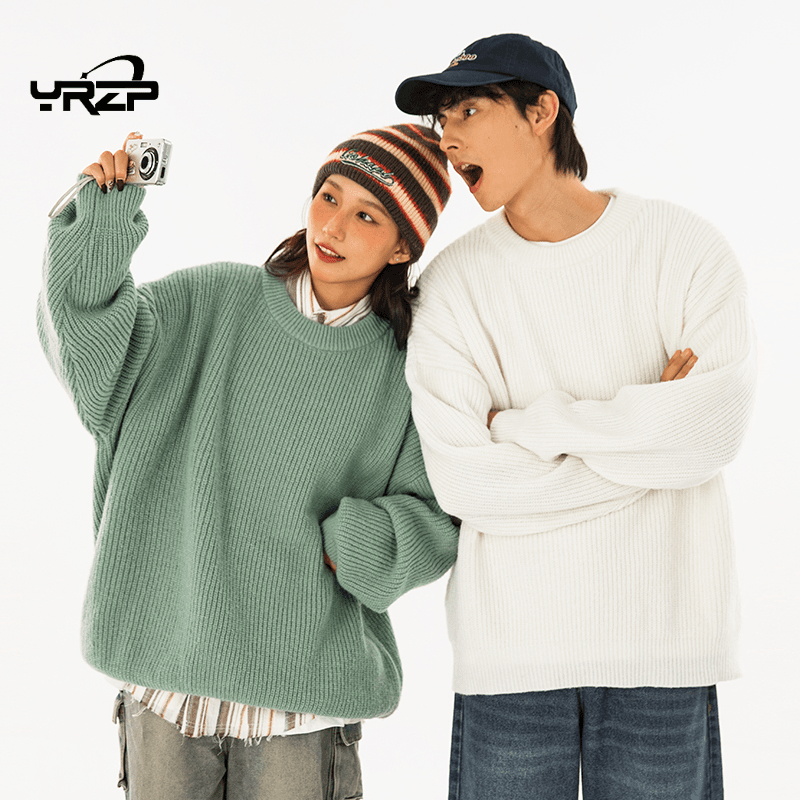 日系慵懒风纯色男装休闲毛衣情侣秋冬圆领百搭打底宽松针织衫外套