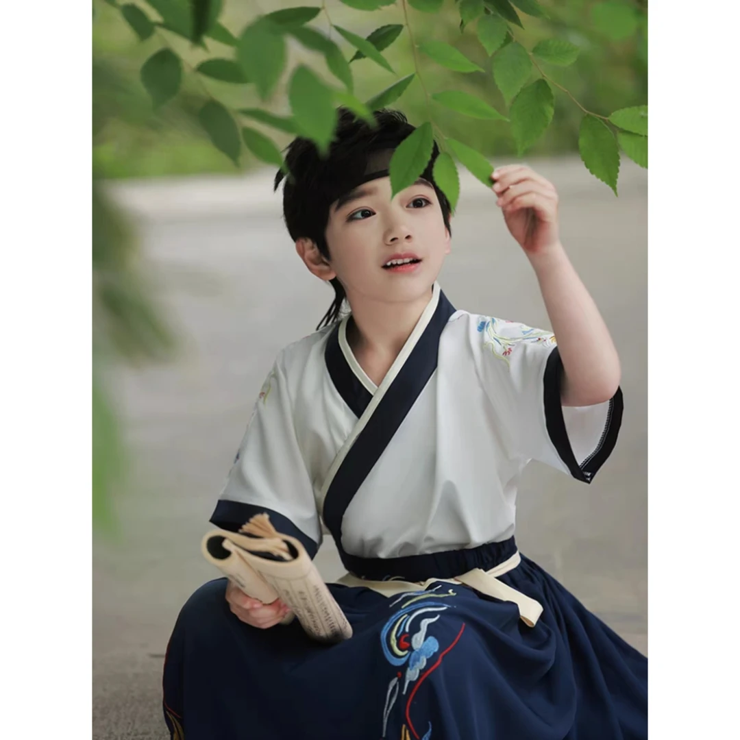 【原创玉龙】儿童古风短袖夏季薄款唐装中国风古装国学学生演出服男