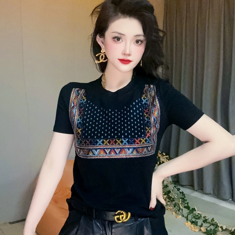 【夏季新款】新款彩钻时尚小衫重工烫钻修身打底衫短袖女装