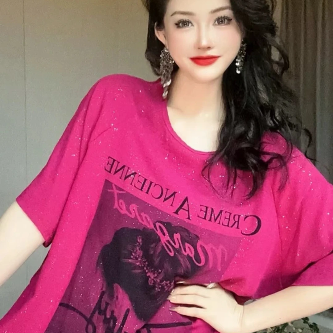 【夏季新款】大码正肩短袖玫红色t恤美式复古宽松微胖设计感上衣