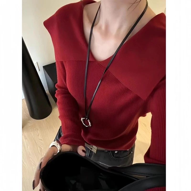 秋装时尚显瘦海军领针织打底衫女洋气长袖小衫休闲百搭毛衣上衣潮