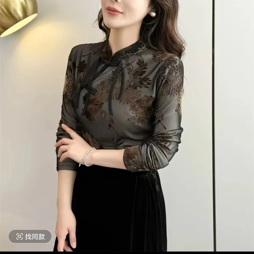 冬季新款时尚显瘦高染气质蕾丝网红百搭小衫气质款新中式0135