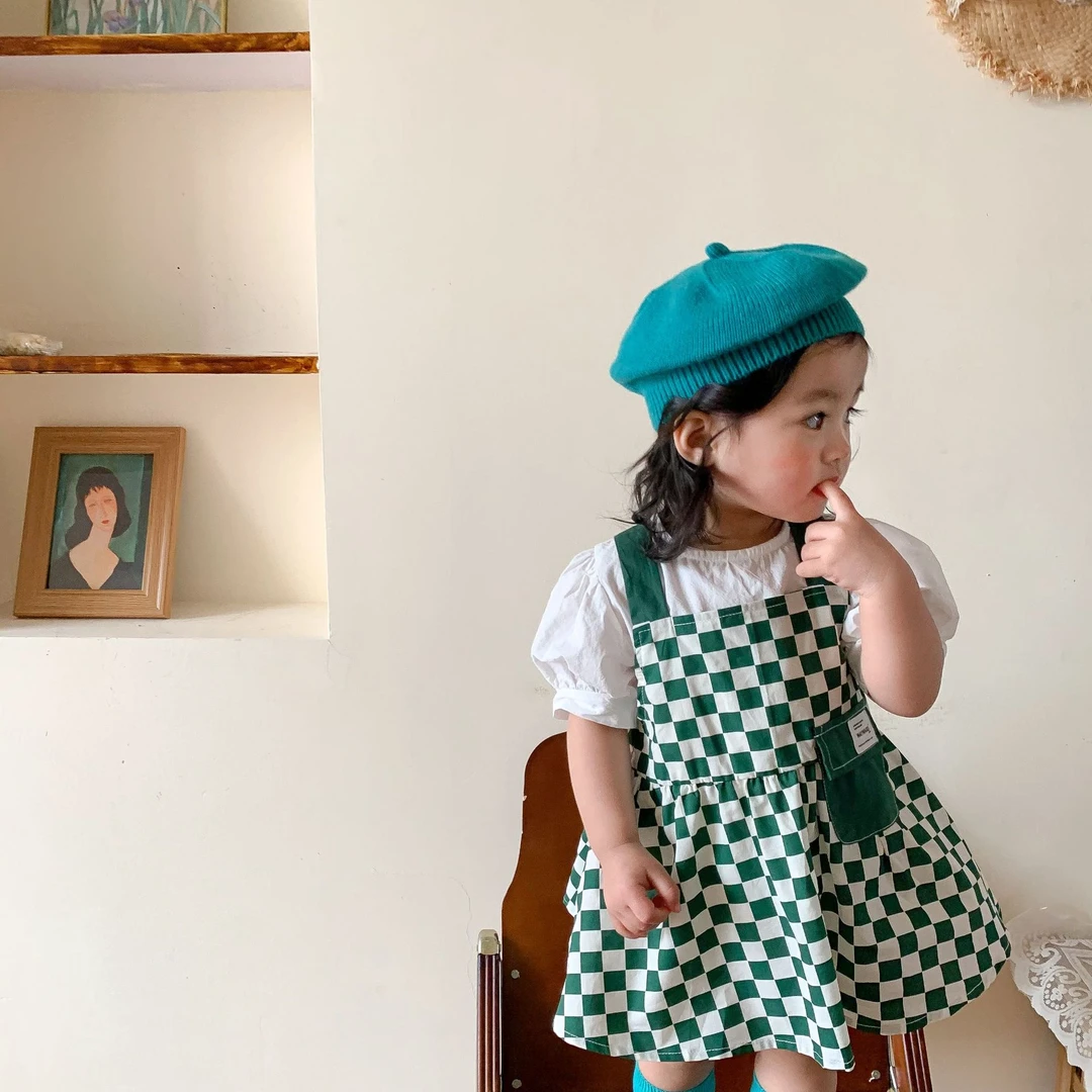 CQ6384女婴童宝宝泡泡袖短袖上衣棋盘格背带裙公主裙两件套装