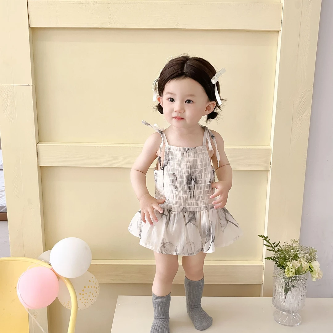 7000婴儿衣服夏季薄款吊带包屁衣女宝宝水墨画公主纱裙哈衣连体衣