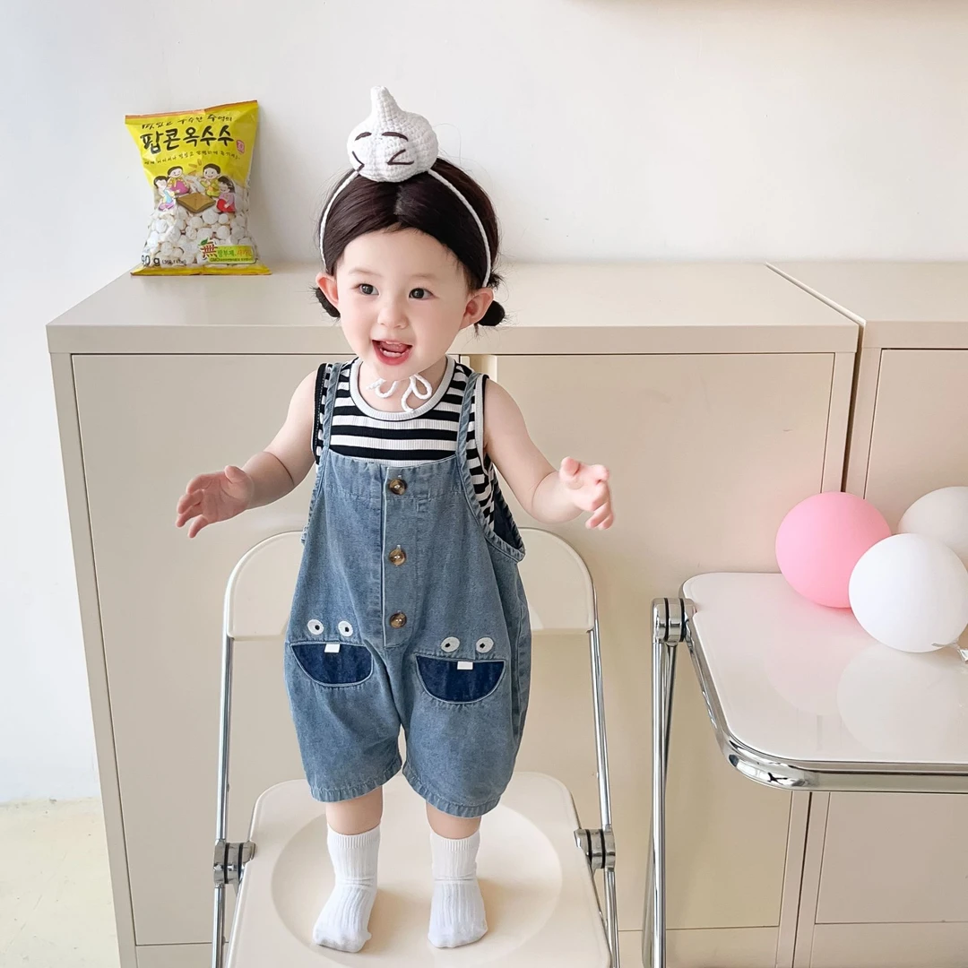 6997套装夏款婴幼儿男女宝宝条纹背心可爱软牛仔吊带牛仔裤两件套