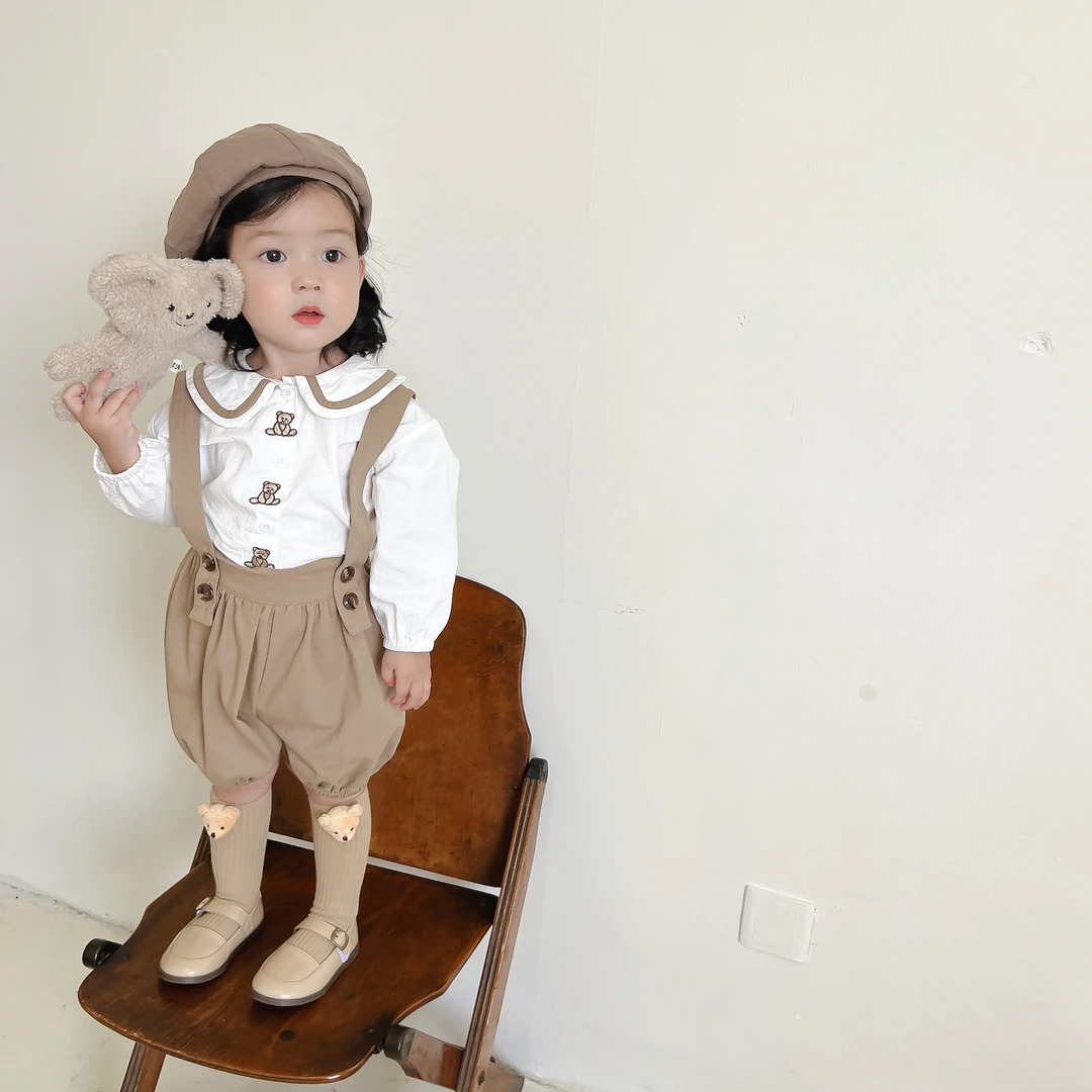 6618 男女宝宝韩版刺绣小熊长袖衬衫背带裤两件套装