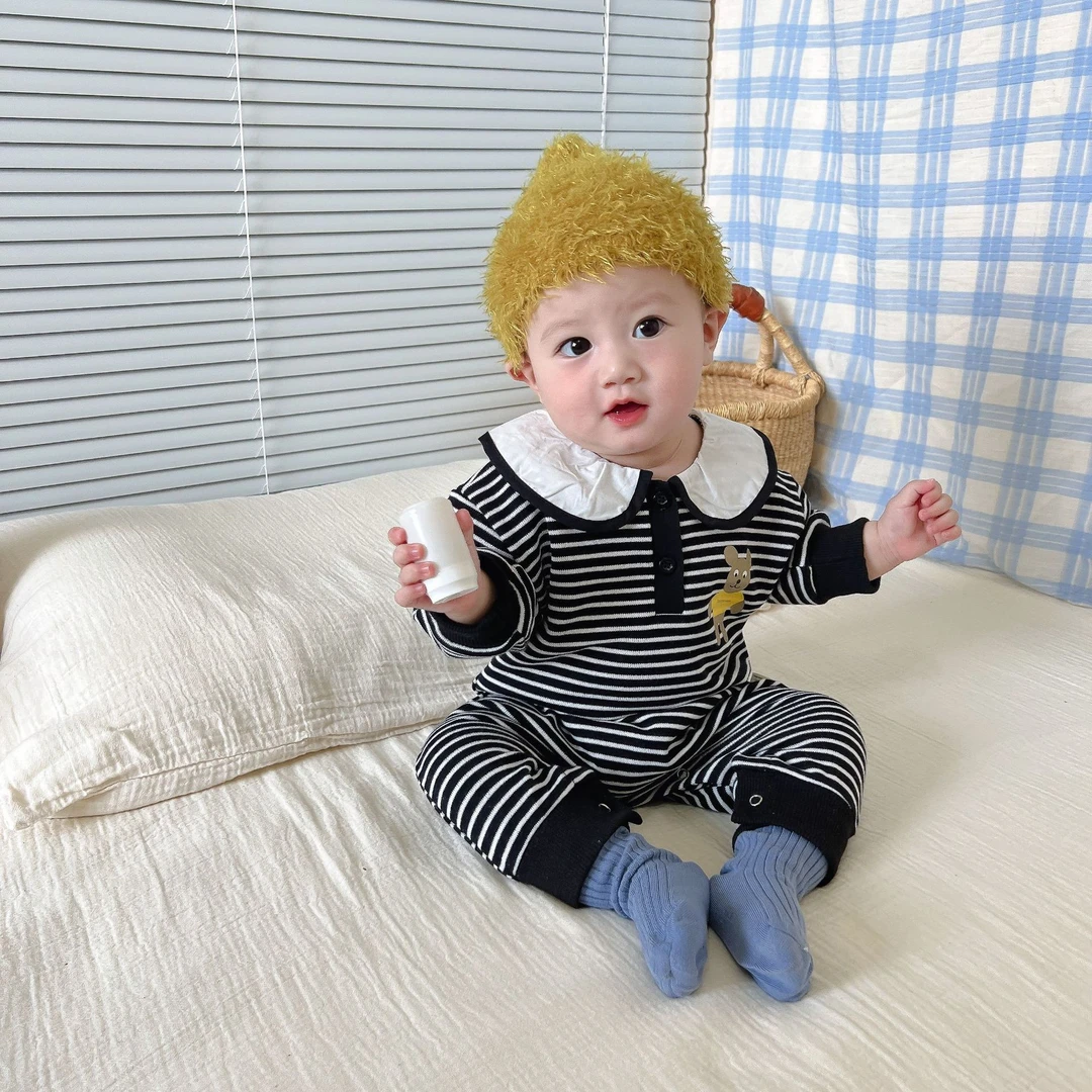 6838婴儿衣服秋款条纹长袖小翻领包屁哈衣连体衣宝宝秋季外出爬服