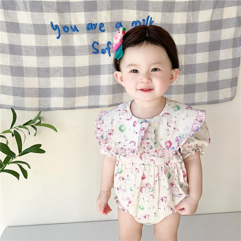 6871 2024夏季新款韩版婴幼儿可爱娃娃领甜甜圈短袖包屁哈衣爬服