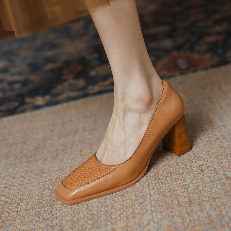 跟高7cm/复古小众真皮高跟鞋女粗跟方头单鞋