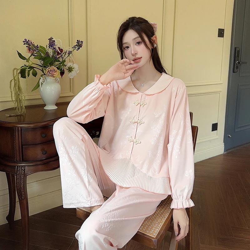 【立体雕花工艺】新中式睡衣女秋冬海岛绒国风百褶盘扣保暖家居服