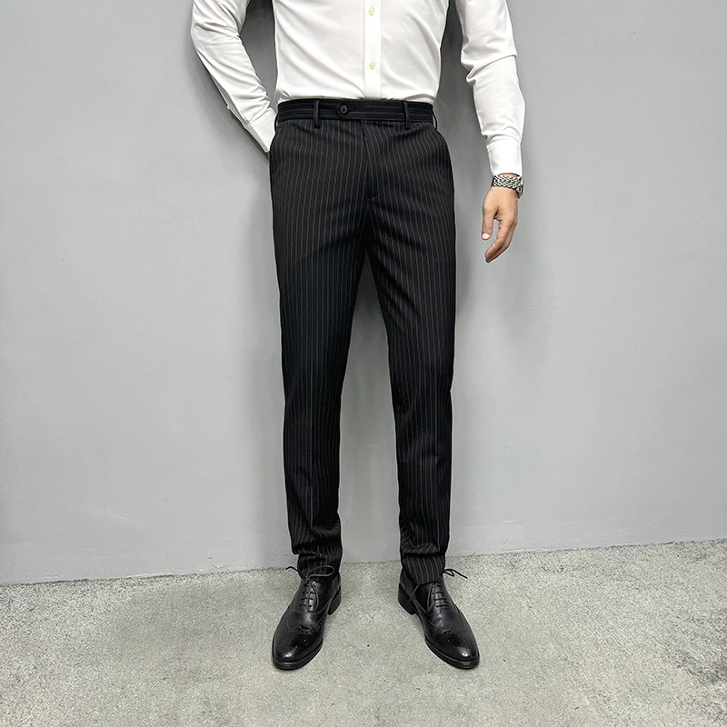 辉先生 秋冬季西裤男条纹修身垂感商务直筒免烫职业正装西装长裤